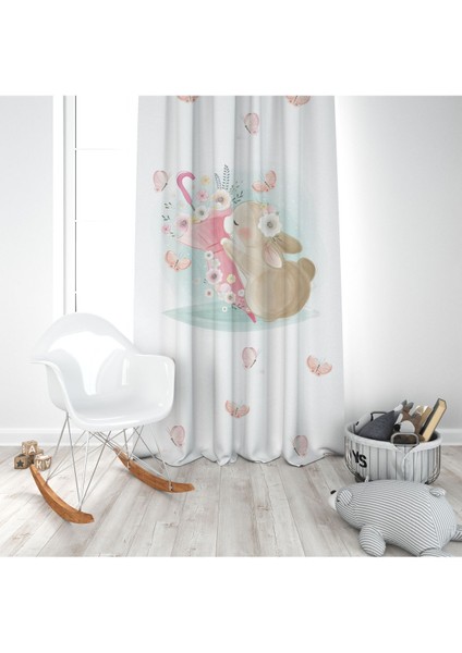 Tavşan ve Şemsiyesi, Beyaz, Pembe, Ithal Kumaş, Çocuk ve Bebek Odası Fon Perde - 1 Kanat modelleri