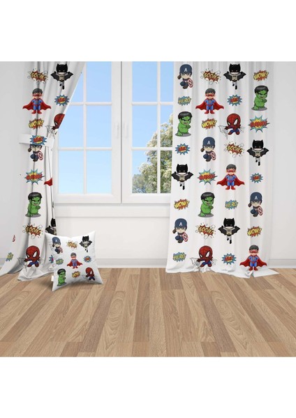 Süper Kahramanlar, Beyaz, Kırmızı, Yeşil, Ithal Kumaş, Çocuk ve Bebek Odası Fon Perde - 1 Kanat