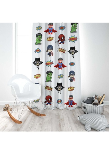 Süper Kahramanlar, Beyaz, Kırmızı, Yeşil, Ithal Kumaş, Çocuk ve Bebek Odası Fon Perde - 1 Kanat modelleri