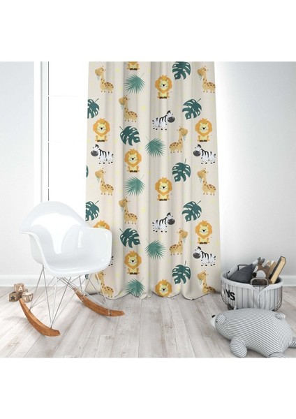 Safari Aslan, Krem, Yeşil, Ithal Kumaş, Çocuk ve Bebek Odası Fon Perde - 1 Kanat modelleri