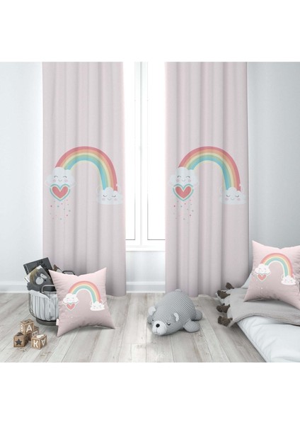 Pembe Gökkuşağı Kalp, Ithal Kumaş, Çocuk ve Bebek Odası Fon Perde - 1 Kanat