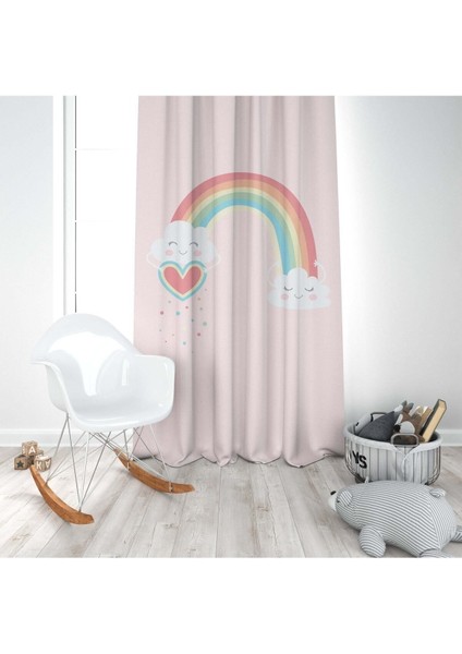 Pembe Gökkuşağı Kalp, Ithal Kumaş, Çocuk ve Bebek Odası Fon Perde - 1 Kanat modelleri