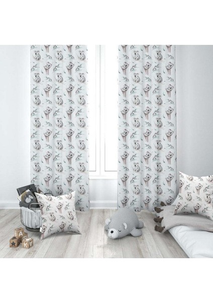 Sulu Boya Efektli, Koalalar, Beyaz, Gri, Ithal Kumaş, Çocuk ve Bebek Odası Fon Perde - 1 Kanat