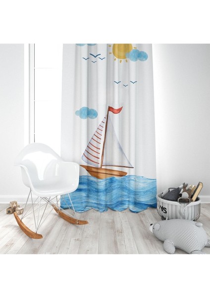 Balina ve Yelken, Beyaz, Mavi, Ithal Kumaş, Çocuk ve Bebek Odası Fon Perde - 1 Kanat modelleri