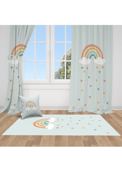 Gökkuşağı Turkuaz Zemin, Ithal Kumaş Çocuk ve Bebek Odası Fon Perde - 1 Kanat