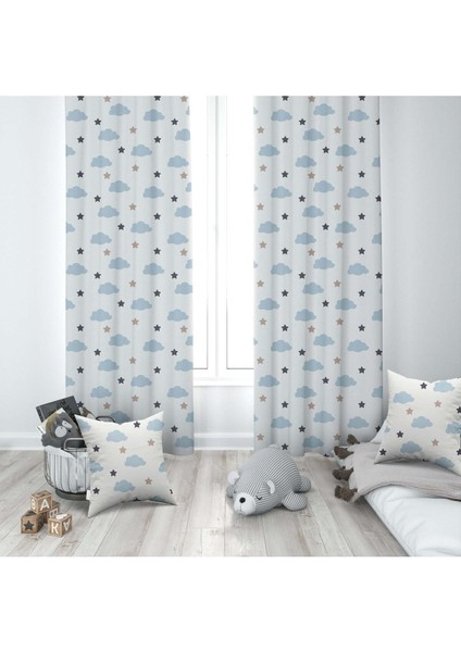 Bulutlar ve Yıldızlar, Beyaz, Mavi, Ithal Kumaş, Çocuk ve Bebek Odası Fon Perde - 1 Kanat