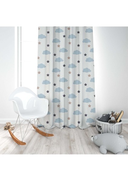 Bulutlar ve Yıldızlar, Beyaz, Mavi, Ithal Kumaş, Çocuk ve Bebek Odası Fon Perde - 1 Kanat modelleri