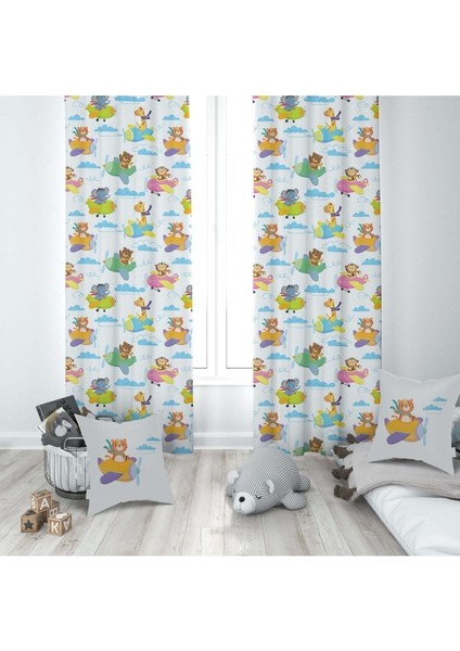 Uçan Safari Hayvanları, Beyaz, Yeşil, Sarı, Ithal Kumaş, Çocuk ve Bebek Odası Fon Perde - 1 Kanat