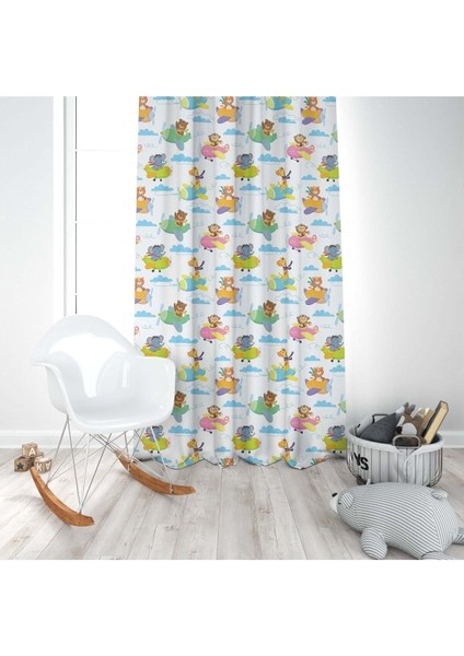 Uçan Safari Hayvanları, Beyaz, Yeşil, Sarı, Ithal Kumaş, Çocuk ve Bebek Odası Fon Perde - 1 Kanat modelleri