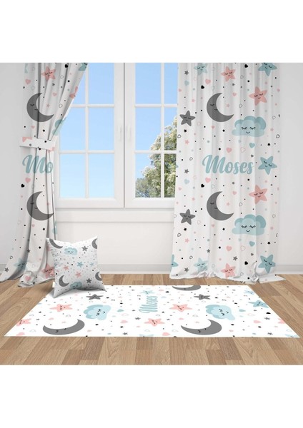 Mutlu Bulut ve Yıldızlar, Beyaz, Mavi, Pembe, Ithal Kumaş, Çocuk ve Bebek Odası Fon Perde - 1 Kanat