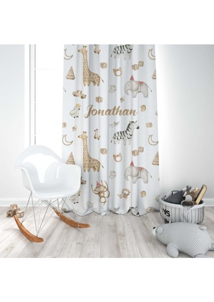 Safari Hayvanları, Zürafa, Fil, Beyaz, Ithal Kumaş, Çocuk ve Bebek Odası Fon Perde - 1 Kanat modelleri