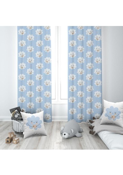 Gülen Bulutlar ve Yıldızlar, Mavi, Beyaz, Ithal Kumaş, Çocuk ve Bebek Odası Fon Perde - 1 Kanat
