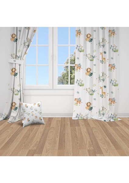 Sulu Boya Efektli, Safari Hayvanları, Beyaz, Sarı, Çocuk ve Bebek Odası Fon Perde - 1 Kanat