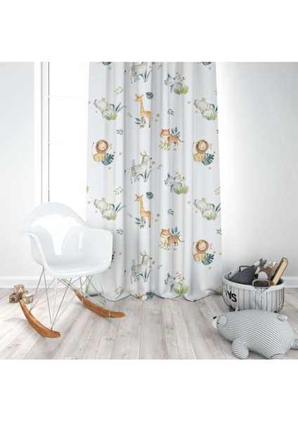 Sulu Boya Efektli, Safari Hayvanları, Beyaz, Sarı, Çocuk ve Bebek Odası Fon Perde - 1 Kanat modelleri