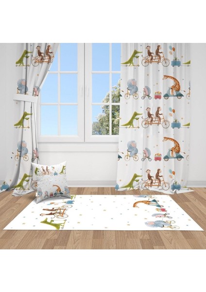 Sulu Boya Efektli, Safari Hayvanları Bisiklet, Beyaz, Çocuk ve Bebek Odası Fon Perde - 1 Kanat