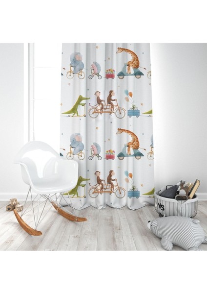 Sulu Boya Efektli, Safari Hayvanları Bisiklet, Beyaz, Çocuk ve Bebek Odası Fon Perde - 1 Kanat modelleri