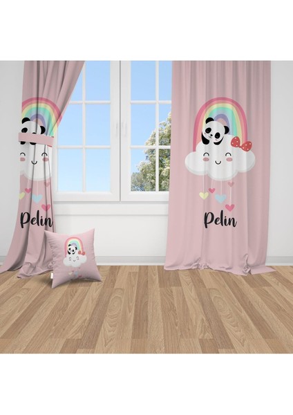 Panda ve Gökkuşağı, Pembe, Ithal Kumaş, Çocuk ve Bebek Odası Fon Perde - 1 Kanat