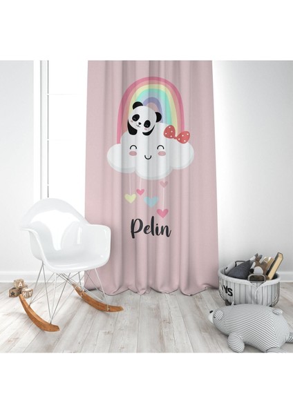 Panda ve Gökkuşağı, Pembe, Ithal Kumaş, Çocuk ve Bebek Odası Fon Perde - 1 Kanat modelleri
