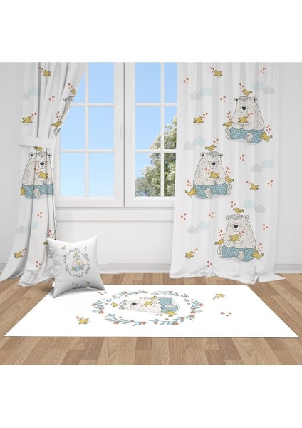 Çiçekli Taç, Ayı ve Kuş, Mavi, Sarı, Ithal Kumaş, Çocuk ve Bebek Odası Fon Perde - 1 Kanat