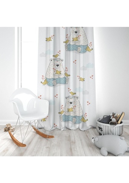 Çiçekli Taç, Ayı ve Kuş, Mavi, Sarı, Ithal Kumaş, Çocuk ve Bebek Odası Fon Perde - 1 Kanat modelleri