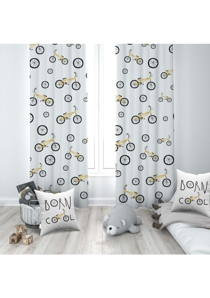 Bisikletler, Beyaz, Sarı, Ithal Kumaş, Çocuk ve Bebek Odası Fon Perde - 1 Kanat