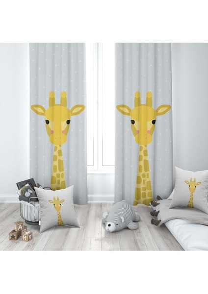 Sevimli Zürafalar, Gri, Sarı, Ithal Kumaş, Çocuk ve Bebek Odası Fon Perde - 1 Kanat