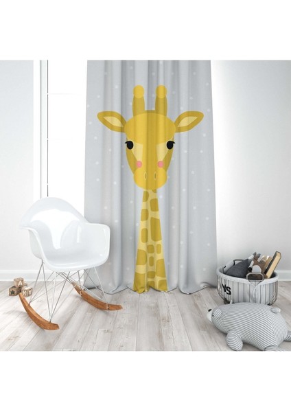 Sevimli Zürafalar, Gri, Sarı, Ithal Kumaş, Çocuk ve Bebek Odası Fon Perde - 1 Kanat modelleri