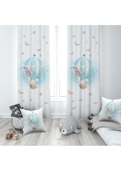 Uçan Balonda Safari Hayvanlar, Beyaz, Mavi, Ithal Kumaş, Çocuk ve Bebek Odası Fon Perde - 1 Kanat