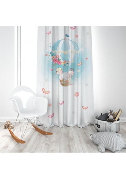 Uçan Balonda Safari Hayvanlar, Beyaz, Mavi, Ithal Kumaş, Çocuk ve Bebek Odası Fon Perde - 1 Kanat modelleri