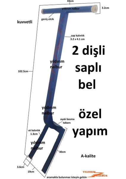 Saplı 2li Bel Karadeniz Bel Çapa Toprak Belleme 2 Diş Depli Bel Tutamaklı Tarla Havalandırma Beli