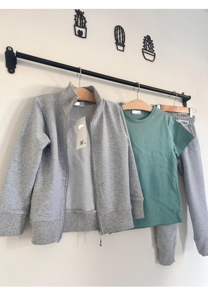 Erkek Kız Çocuk 3'lü Gri Eşofman Takımı Açık Yeşil Badi'li Fermuarlı