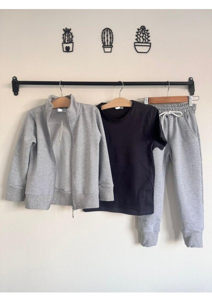 Erkek Kız Çocuk 3'lü Gri Eşofman Takımı Siyah Badi'li Fermuarlı