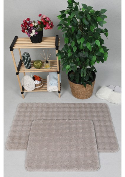 Modern Bubble Yıkanabilir Kaymaz Peluş Banyo Paspası Halısı 2'li Klozet Takımı 50X80-50X40CM Bej