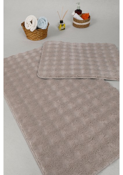 Modern Bubble Yıkanabilir Kaymaz Peluş Banyo Paspası Halısı 2'li Klozet Takımı 50X80-50X40CM Bej