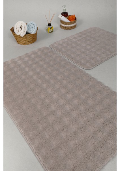 Modern Bubble Yıkanabilir Kaymaz Peluş Banyo Paspası Halısı 2'li Klozet Takımı 50X80-50X40CM Bej