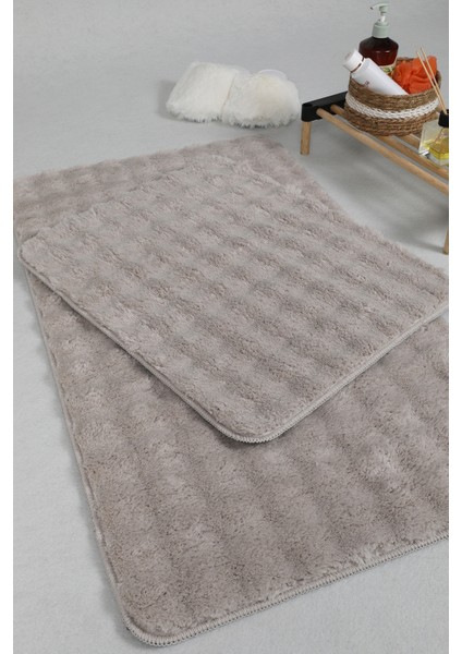 Modern Bubble Yıkanabilir Kaymaz Peluş Banyo Paspası Halısı 2'li Klozet Takımı 50X80-50X40CM Bej