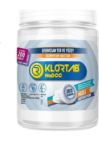 Efervesan Yer ve Yüzey Tablet Dezenfektan Nadcc 3,4 gr x 200 Tablet