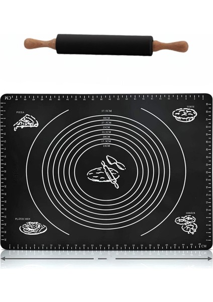 Siyah 65X45 cm Silikon Hamur Açma Matı ve Merdane Seti