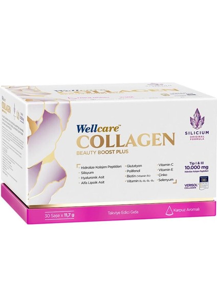 Collagen Beauty Boost Plus Hidrolize Kollajen Peptikleri Vitamin-Mineral Kompleks, Silisyum, Hyaluronik Asit, Polifeno Alfa Lipoik Asit ve Glutatyon Içeren Karpuz Aromalı Saşe 30LU