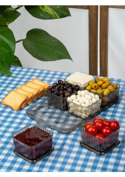 Tepsili Lüx 6 Bölmeli 13 Parça Kahvaltılık Seti Kapaklı Tepsili Akrilik Kahvaltı Sunum Takımı