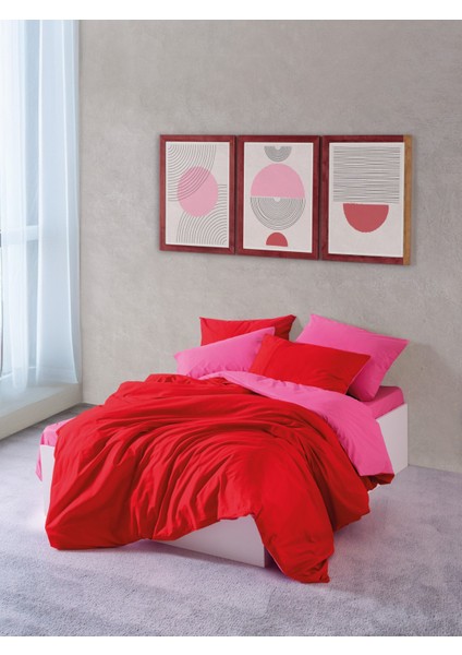 Cozy Home Popping Colors Çift Kişilik Lastikli Çarşaflı Nevresim Takımı Sage Kırmızı-Fuşya