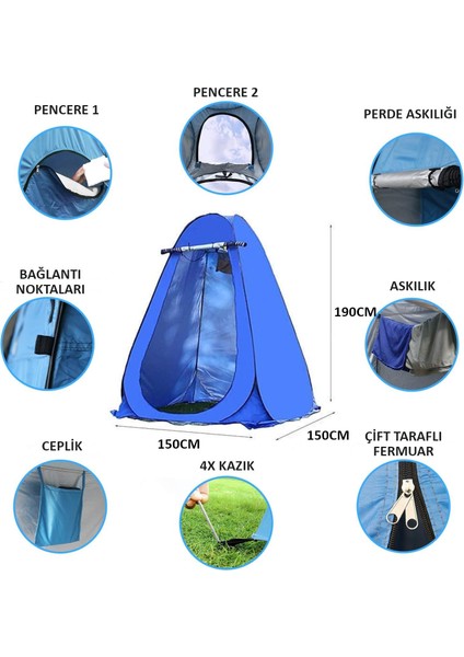 Kamp Outdoor Wc Duş Xl Giyinme Çadırı Iç Astarlı 190X150X150 Fotoğraf Prova Kabini Büyük Boy Mavi