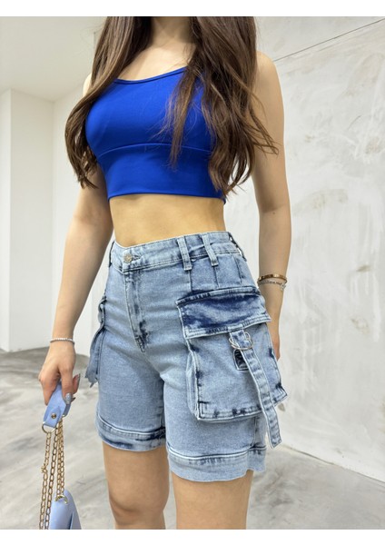 Kadın Açık Mavi Kargo Cepli Yüksek Bel Esnek Şort Jeans