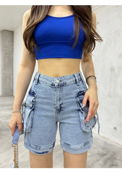 Kadın Açık Mavi Kargo Cepli Yüksek Bel Esnek Şort Jeans fiyatları