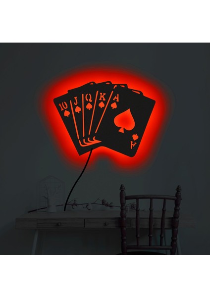 Ledli Tablo,ışıklı Tabela, LED Şeritli Poker Kartları,duvar Aksesuarı Ahşap Tablo,dekoratif Tablo