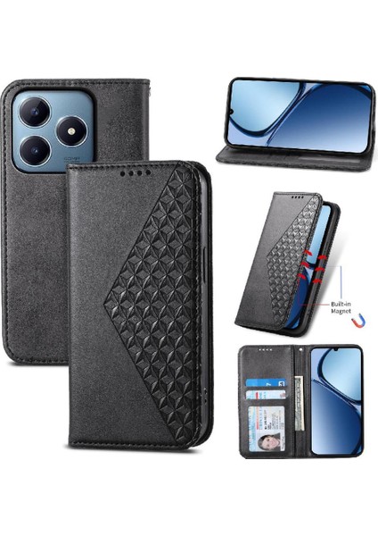 Realme C63/C61 Günlük Kullanım Standı El Kayışı Eşkenar Dörtgen Şekli Için Flip Case (Yurt Dışından)