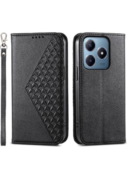 Realme C63/C61 Günlük Kullanım Standı El Kayışı Eşkenar Dörtgen Şekli Için Flip Case (Yurt Dışından)