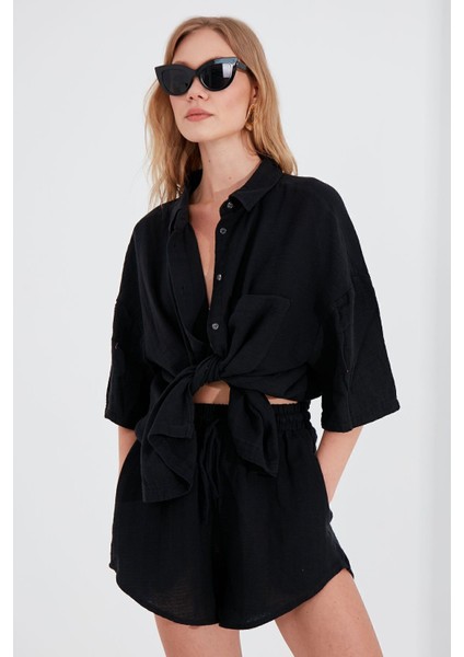 Siyah Müslin Kadın Oversize Gömlek | EK1006965-6965