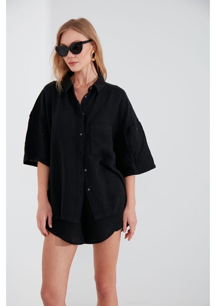Siyah Müslin Kadın Oversize Gömlek | EK1006965-6965 fiyatları