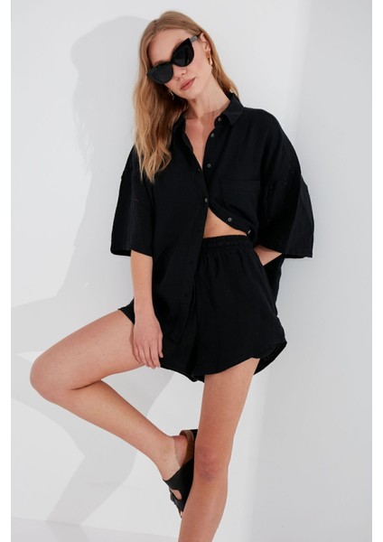 Siyah Müslin Kadın Oversize Gömlek | EK1006965-6965 modelleri